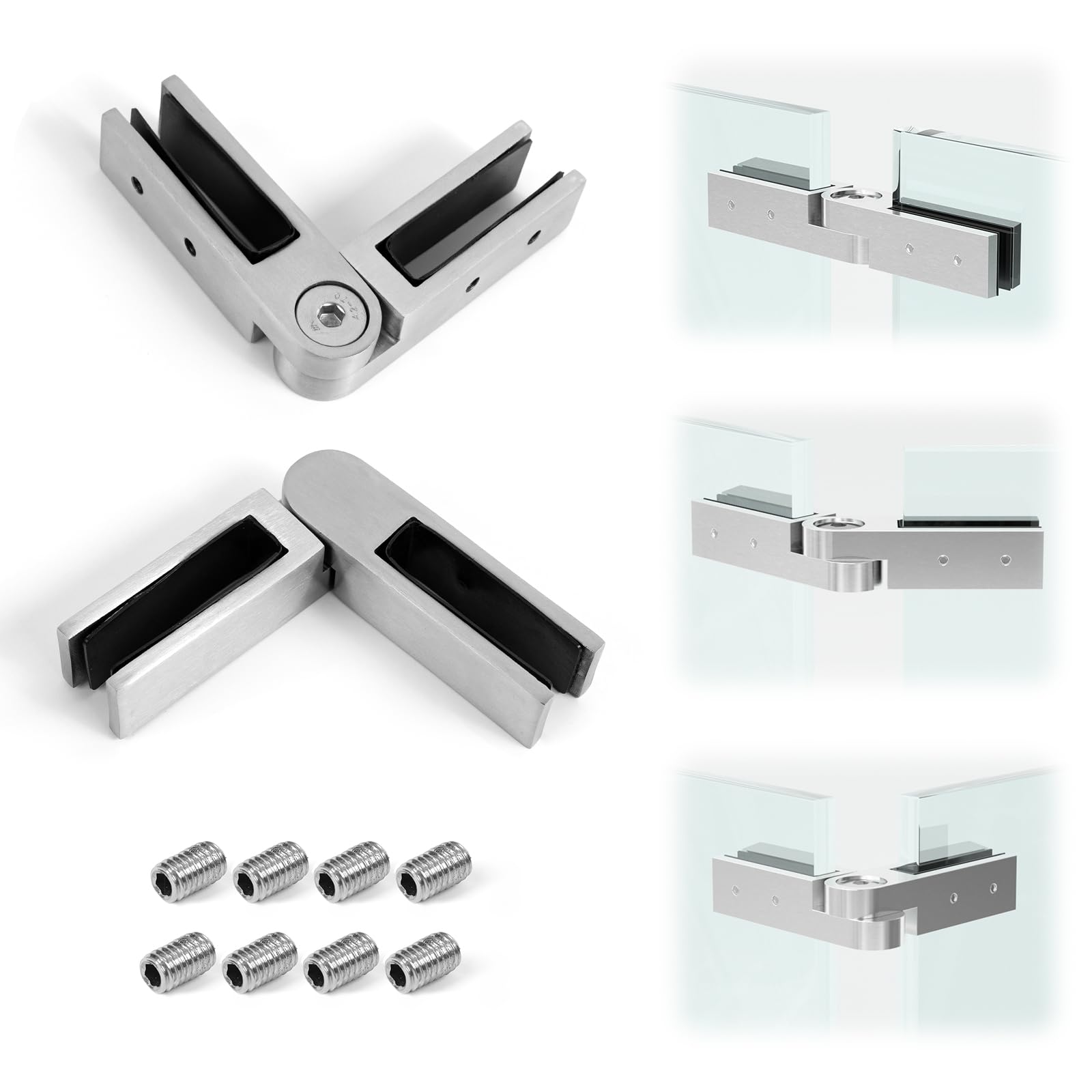 Pince verre à verre articulée en inox 2205 – Finition Miroir / Satin / Noir – Connecteur réglable pour panneaux en verre