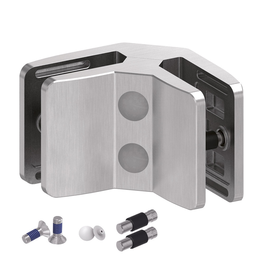 Pince verre à verre articulée 90° en inox 2205 – Finition Miroir / Satin / Noir – Connecteur pour panneaux en verre